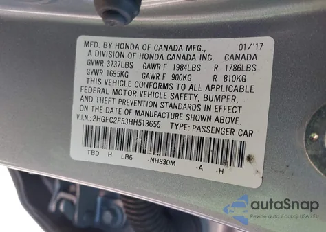 2017 Honda Civic Lx z USA, uszkodzony, nr VIN 2HGFC2F53HH513655